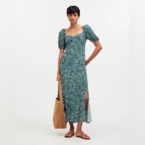 NWOT Madewell Puff Sleeve Sweetheart Midi Dress Green Ditsy Floral Size 12